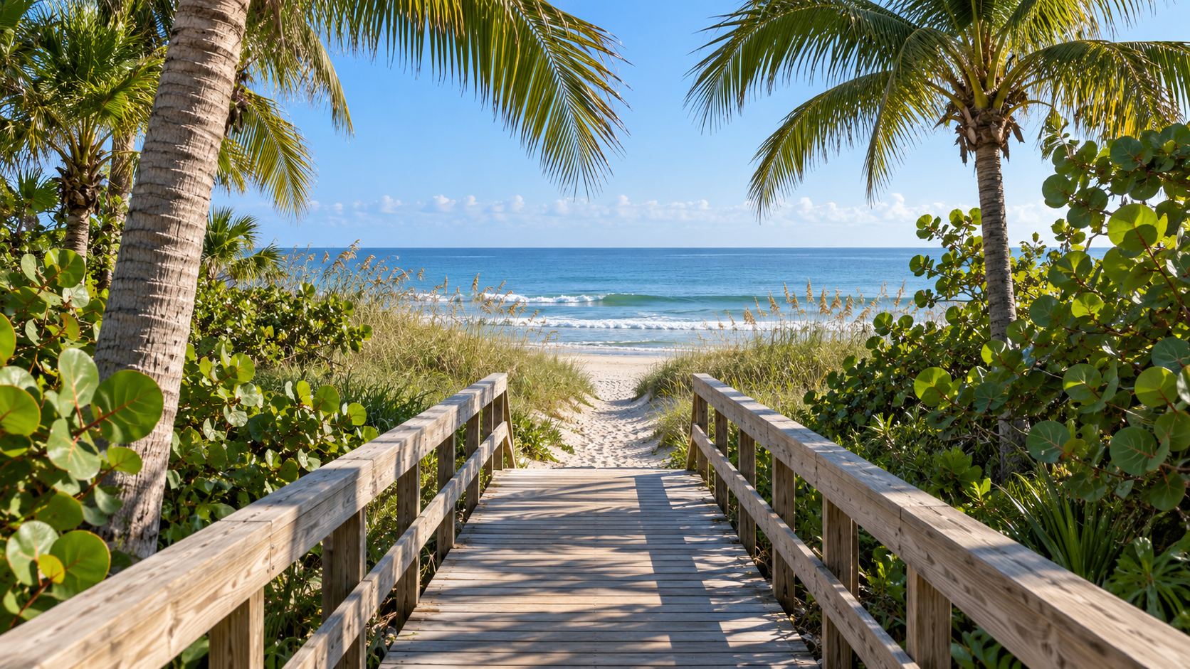 Wooden beach-access boardwalk through palms and dune vegetation toward the Atlantic in Vero Beach, Florida
