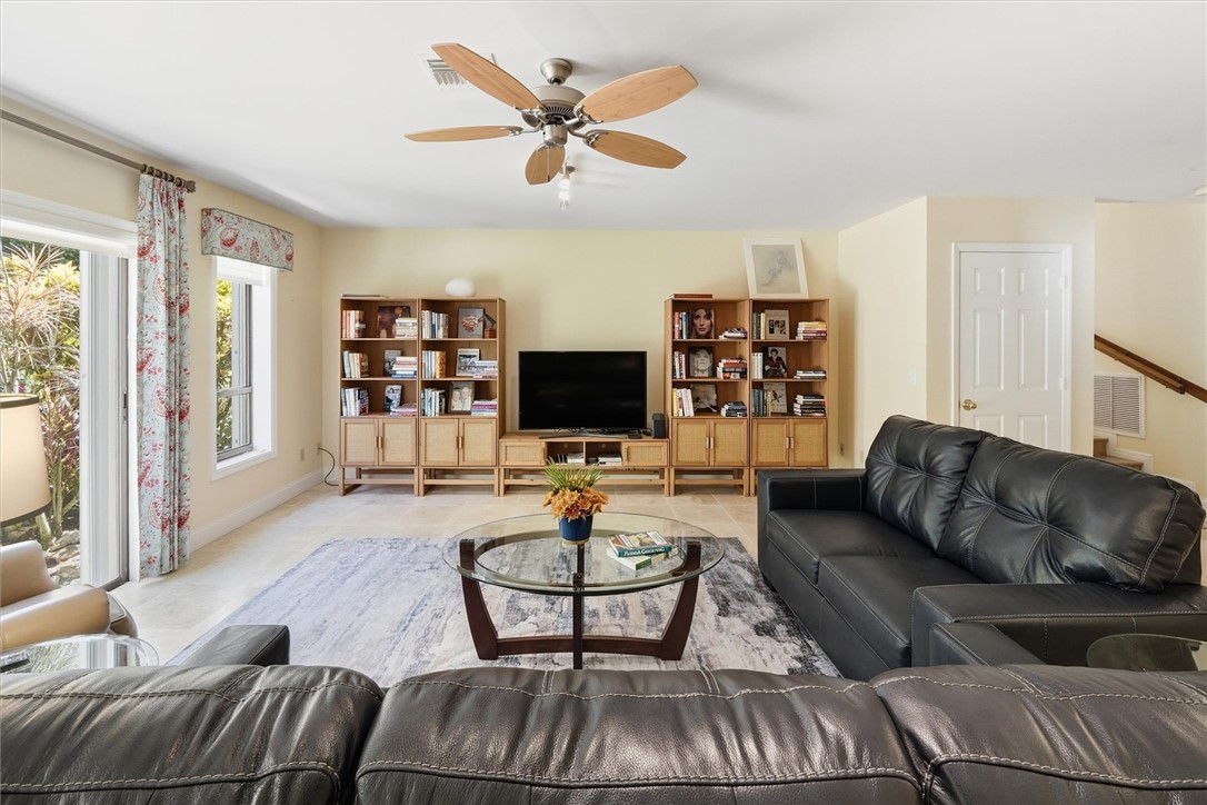 Family room on first floor with adjoining bathroom