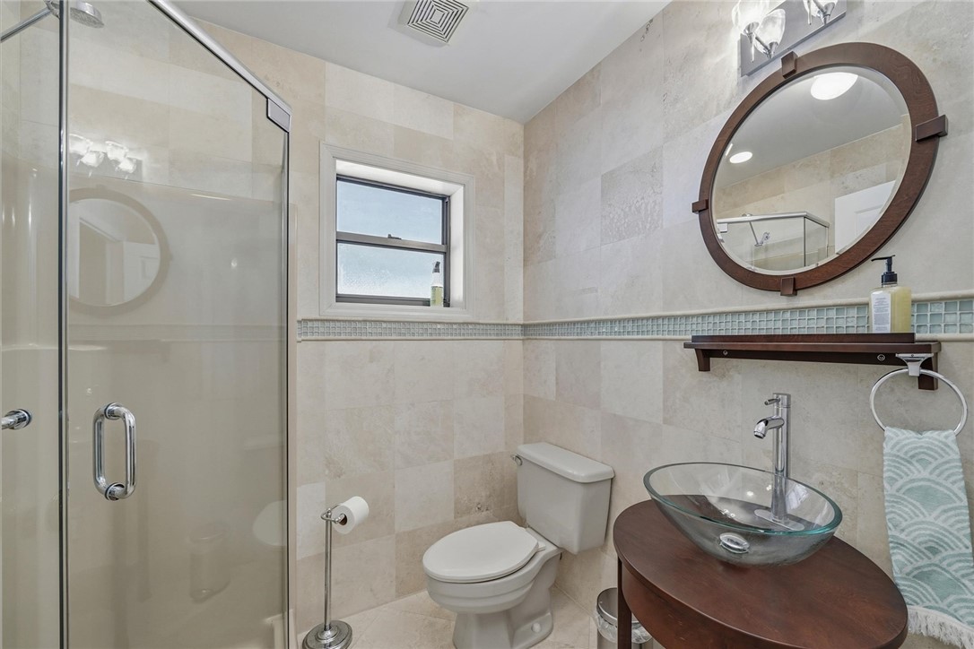 Family room first floor renovated bathroom featuri