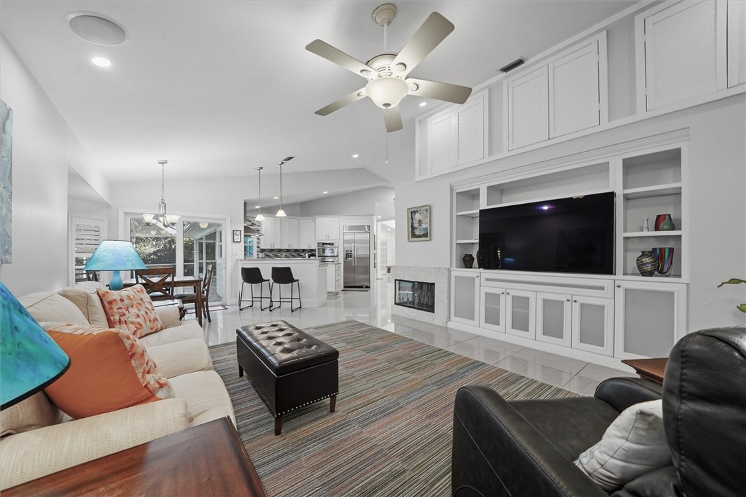 Living room with wood burning fireplace