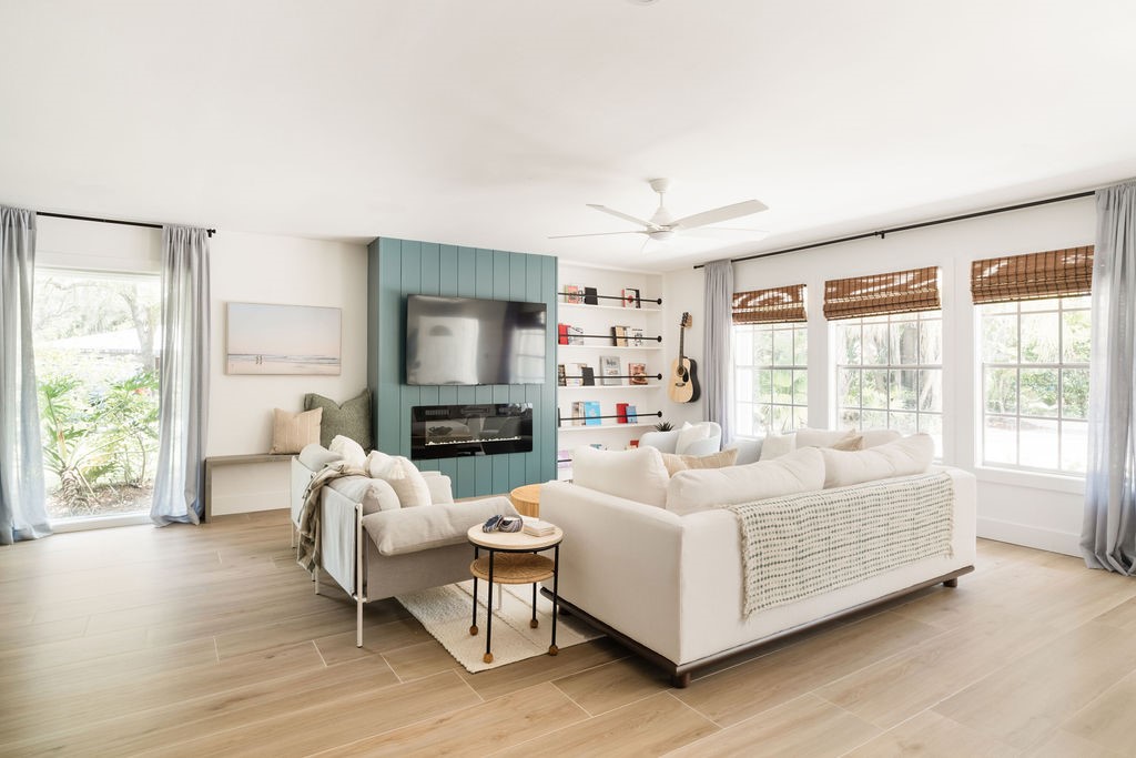 Living area featuring light wood-finish flooring,