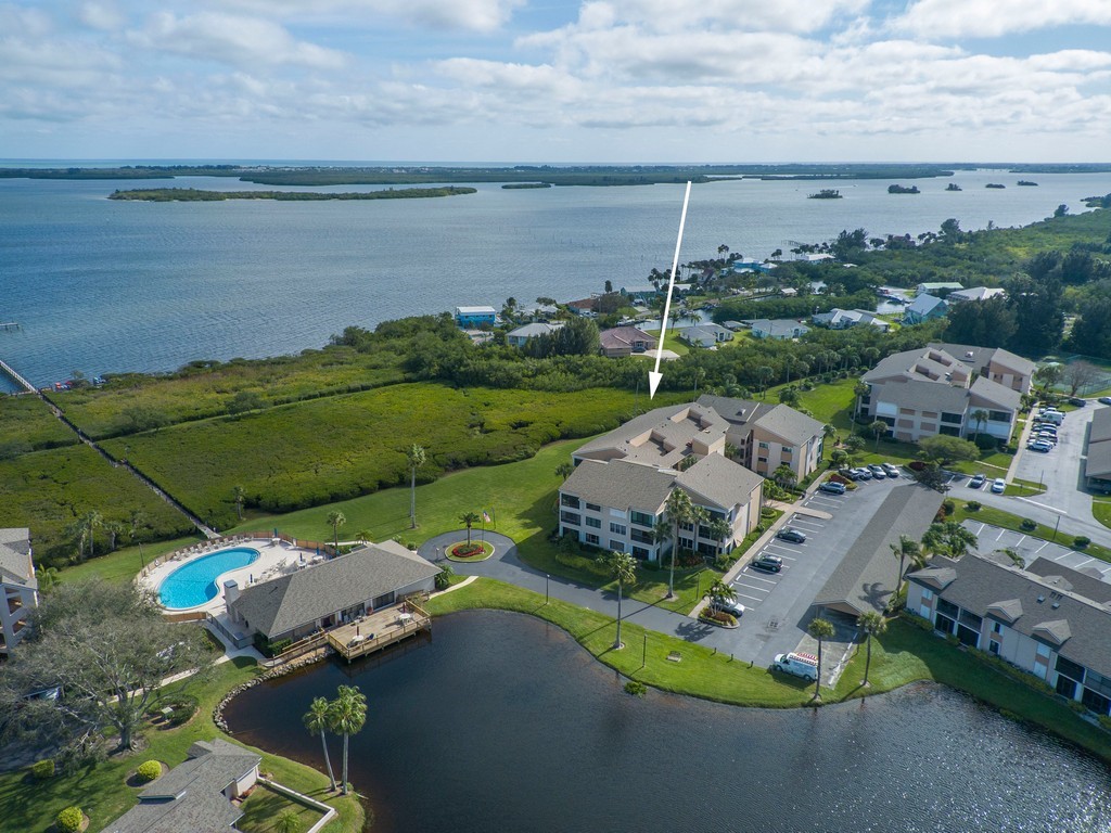 Aerial perspective showcasing a waterfront setting