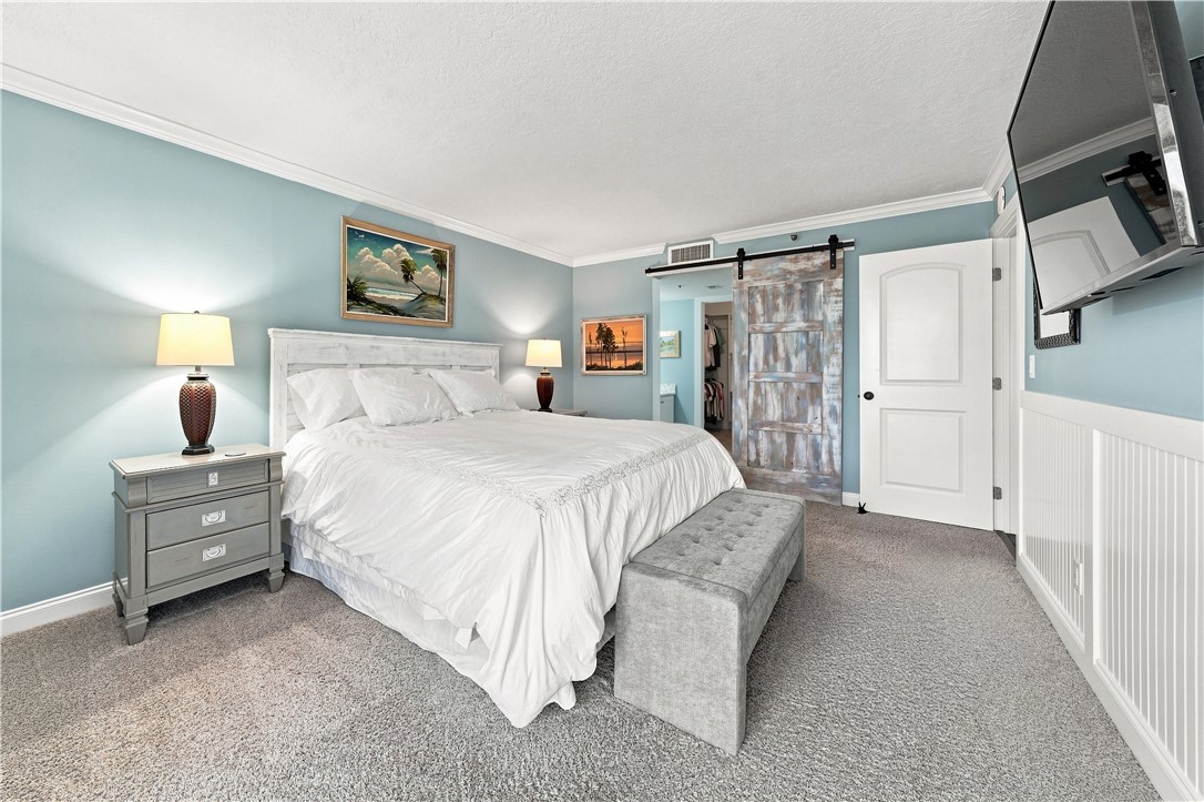 Primary bedroom with sliding barn door leading to