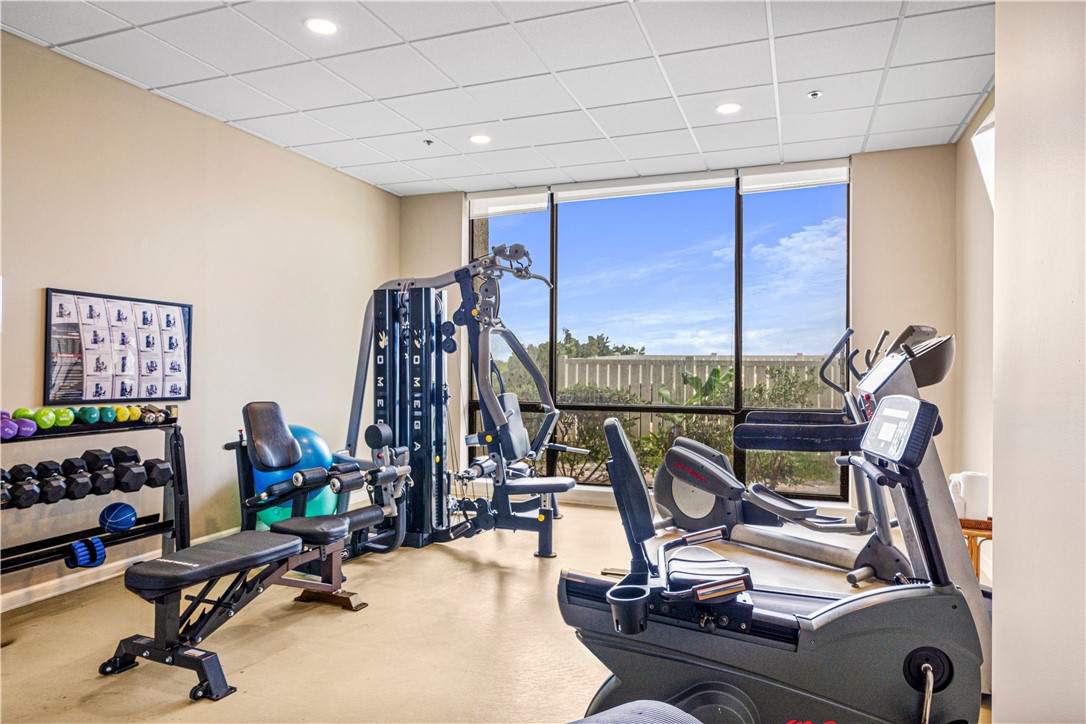 Dedicated fitness center featuring large windows,
